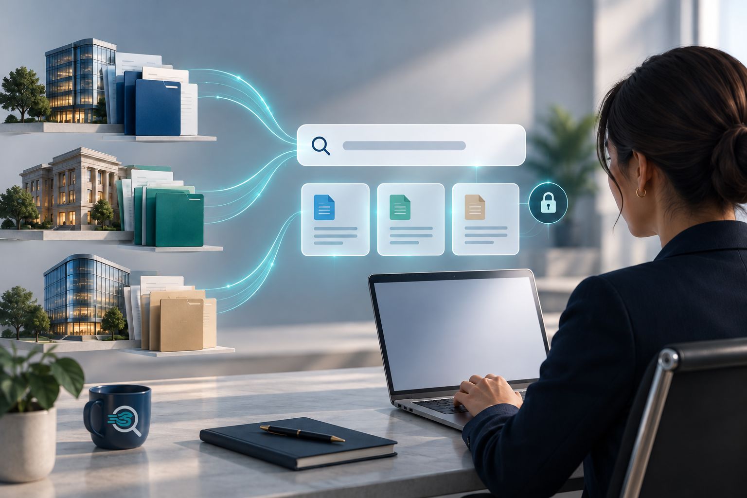 Documents from three separate teams connect to a shared search bar and results, beside an employee at a laptop and a lock representing access controls.